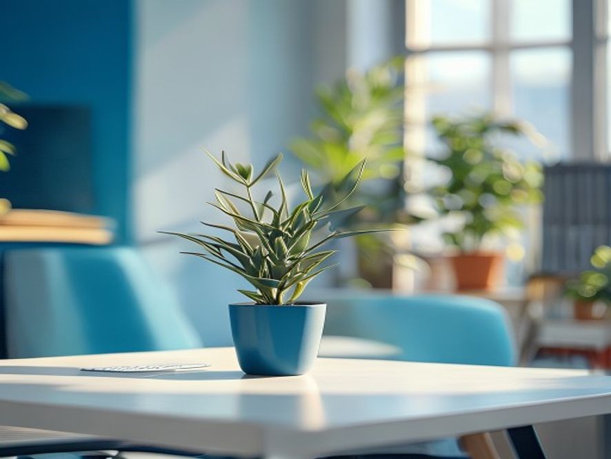 Rustig kantoor met notebook, plant en kopje thee