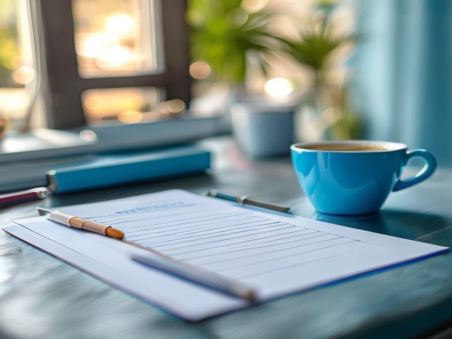 Papieren checklist met gekleurde pennen en koffie op bureau