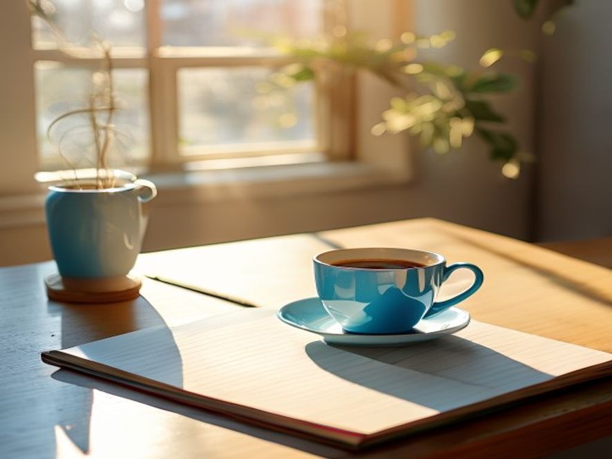 Bureau met agenda, pen en kopje koffie in morgenzon