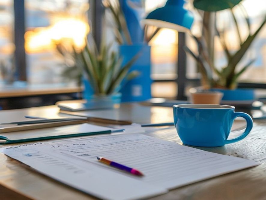 Rustig bureau met dagboek, pen en kopje koffie bij morgenzon