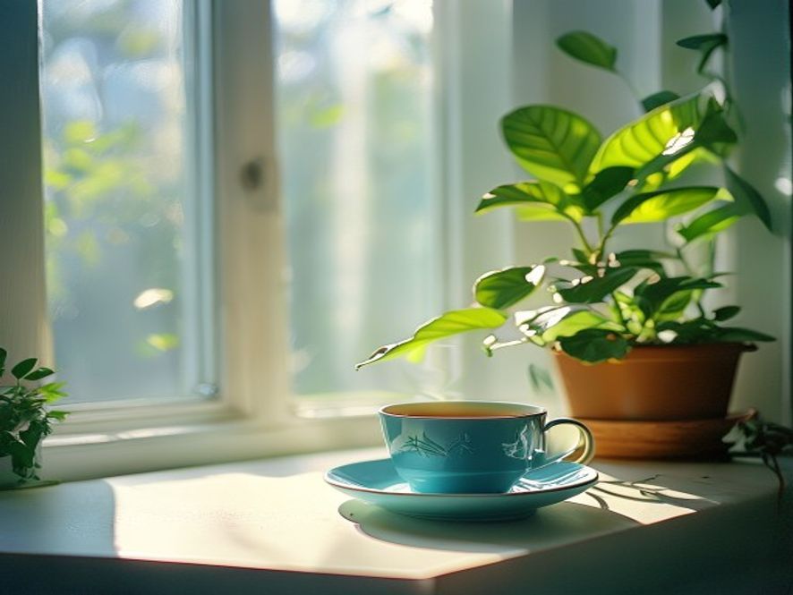 Rustig moment met thee en plants in zonnig raam